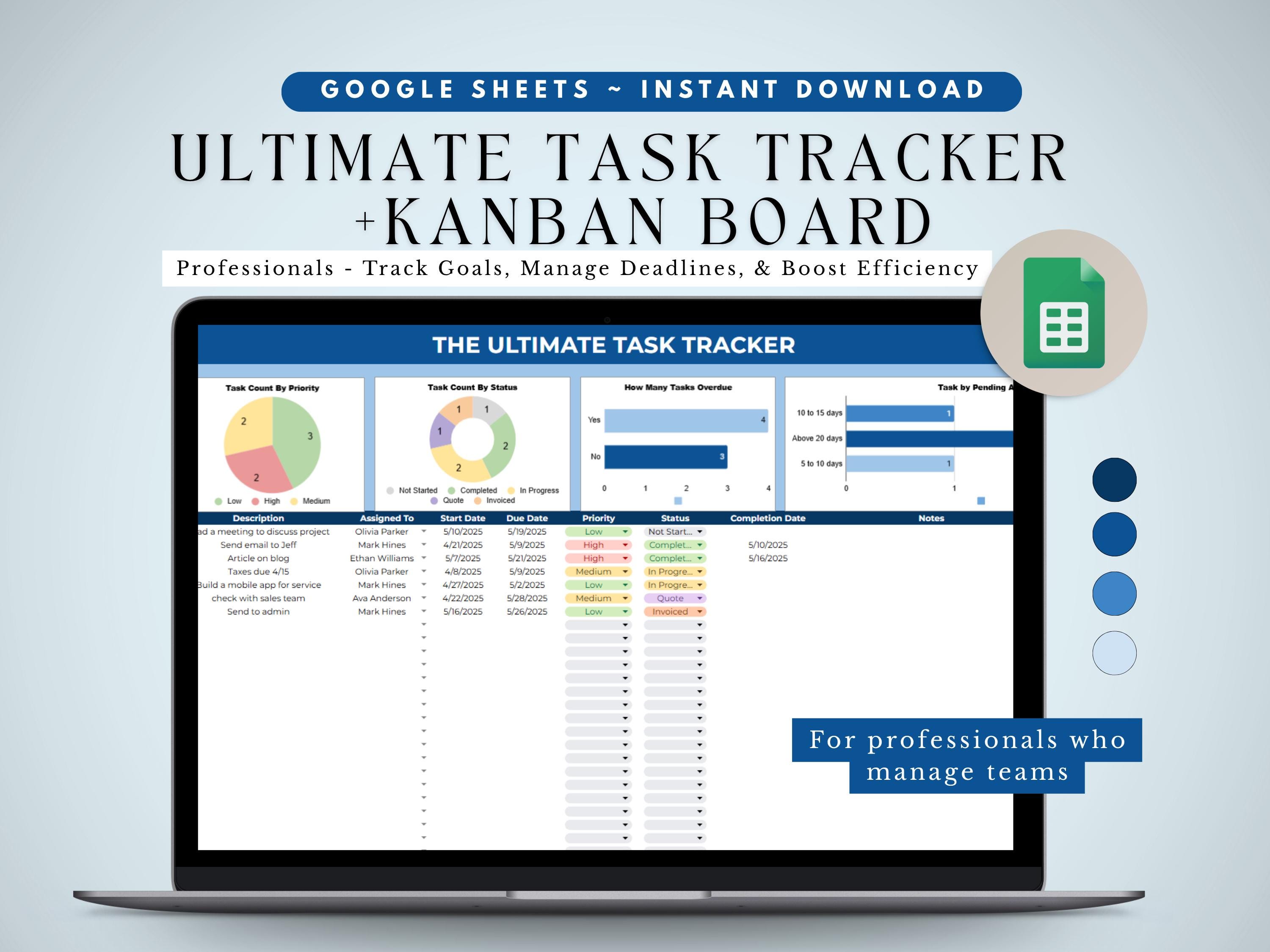 Task Tracker for Teams Google Sheets Kanban Board, Project Task Tracker, Priority To Do List, Task Assignment Log, Business Spreadsheet