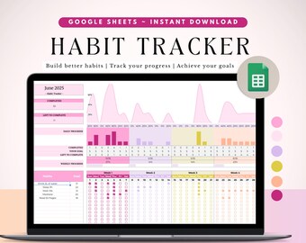 Hoja de cálculo de seguimiento de hábitos para Hojas de cálculo de Google, Planificador de rutina diaria 2025, Gráfico de seguimiento semanal de hábitos, Planificador de productividad para desarrollar hábitos