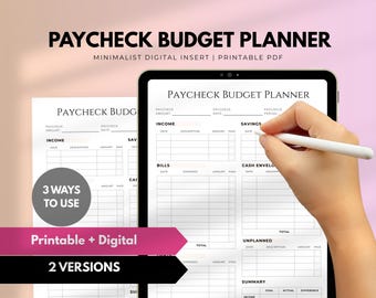 May include: A digital printable budget planner with sections for income, savings, bills, cash envelopes, unplanned expenses, and a summary. The planner is designed in a minimalist style with black text on a white background.