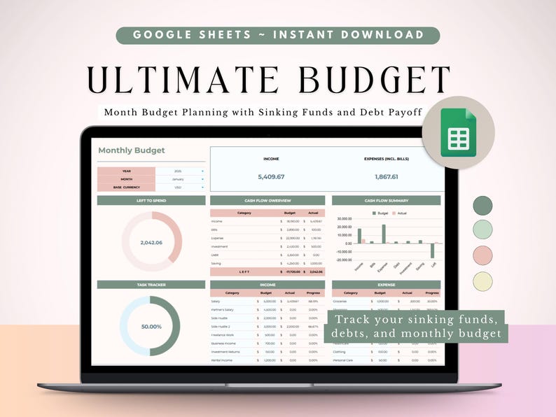 Ultimate Budget Template Google Sheets Income & Expense Tracker Monthly ...