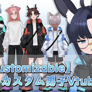 以下が含まれることがあります： 様々な衣装を着たアニメスタイルのキャラクターの画像。キャラクターは、猫耳や豚の鼻などの動物をテーマにしたアクセサリーを身に着けています。ジャケット、ショートパンツ、スニーカーを着用しています。「Customizable」と日本語のテキストが含まれています。