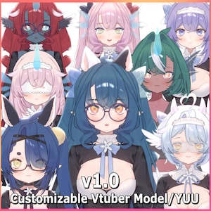 May include: A collection of anime-style character portraits with various hair colors and accessories. The image features multiple characters with cat ears, horns, and glasses. Text at the bottom reads "v1.0 Customizable Vtuber Model/YUU".