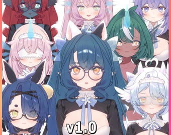 Puede incluir: Una imagen que muestra múltiples retratos de personajes de estilo anime con varios colores de cabello y accesorios. La imagen presenta personajes con orejas de gato, cuernos y gafas. El texto en la parte inferior dice "v1.0 Customizable Vtuber Model/YUU".