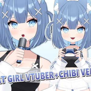 May include: Two illustrations of a blue-haired anime-style character with cat ears. One holds a microphone, the other a game controller. Both wear black tops and chokers. Text reads "CAT GIRL VTUBER + CHIBI VER!"