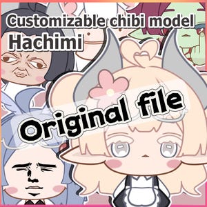 Puede incluir: Ilustración digital con varios diseños de personajes chibi. La imagen incluye el texto "Customizable chibi model Hachimi" y "Original file". Los personajes tienen ojos grandes y varios peinados.