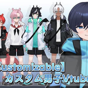 以下が含まれることがあります： 様々な衣装を着た、アニメスタイルのキャラクターが複数いる画像。キャラクターは、角やメガネなど、さまざまな髪の色とアクセサリーを持っています。「Customizable」というテキストと日本語のテキストが下にあります。キャラクターはジャケット、ショートパンツ、スニーカーを着用しています。