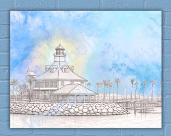Long Beach Shoreline Village Sketch | Parkers Lighthouse Long Beach Art | Landmark Art Print or Card