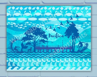 Pacifica Coastal Art: Blue Silhouette Pier, Surfers and Whales Print or Card