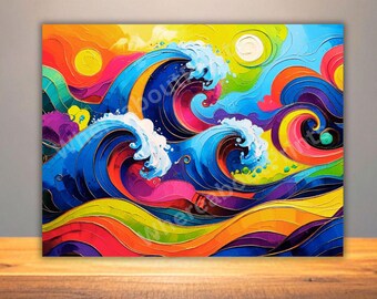 Colorful Ocean Wave Art Print: Coastal Decor, Beach Lover Gift - Print or Card