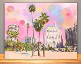 Long Beach Coastal Photo Pink Sky City Print or Card