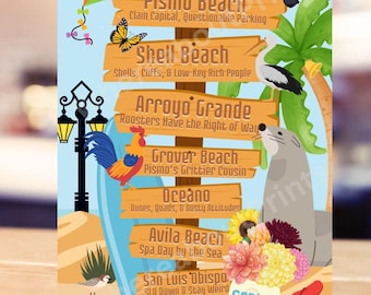 SLO Central Coast California Signpost Print | Coastal Cities Funny Wall Art, Print or Card