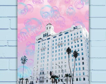 Breakers Hotel Long Beach | Historic Art | Pink Sky Coastal California Landmark Wall Decor | Photography Art Print or Card