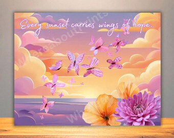 Butterfly Sunset Art – Pastel Sky, Hopeful Message, Uplifting Nature Scene Print or Card