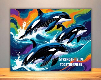 Orcas - 'Strength is in Togetherness' Abstract Ocean Scene Print or Card