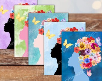 Floral Muse Silhouette: Woman with Flowers as Hair - colorful Print or Card (5 color options)