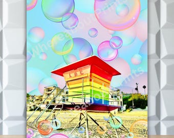 Long Beach Rainbow Lifeguard Tower Colorful Print or Card
