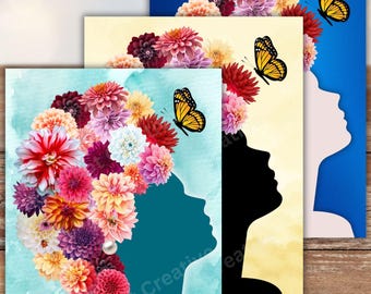 Dahlia - Woman Silhouette Flower Hair Print or Card