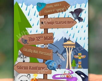 Seattle Directional Sign - Quirky Landmarks and Local Laughs - Northwest Print or Card