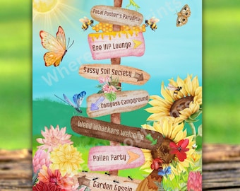 Whimsical Garden Sign Post - Petal Pusher's Paradise Print or Card