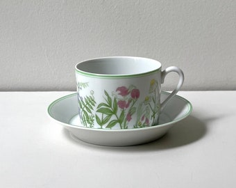 Botanical Coffee Cup or Tea Cup with Saucer / Fitz and Floyd Country Garden Flat Cup and Saucer / Small Floral Coffee Mug, 8oz