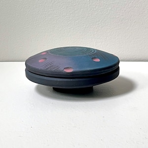 Vintage 4.75" Ceramic Lidded Trinket Jar, Jim Kemp, Postmodern, UFO, Space Keepsake Box, Indiana