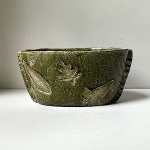 Vintage Green Oval Indoor Planter, Fern Leaf Impressions, Botanical Imprint Pot, Redware Pottery