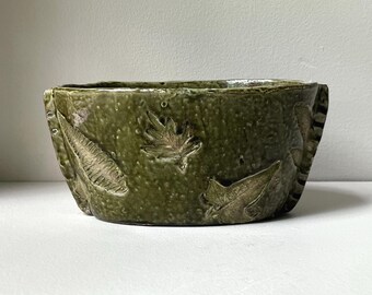 Vintage Green Oval Indoor Planter, Fern Leaf Impressions, Botanical Imprint Pot, Redware Pottery