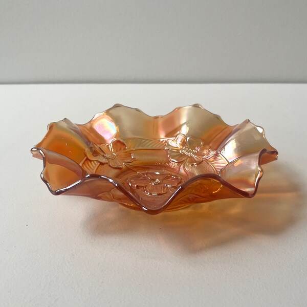 Antique Carnival Glass Candy Dish Iridescent Orange, Ruffled Edge Floral Glass Bowl, Apple Blossom in Marigold Orange by Dugan Glass