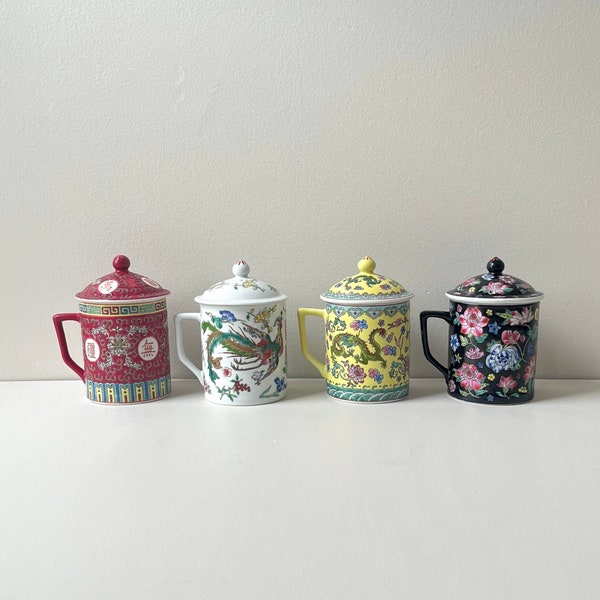 You Choose!  Chinese Porcelain Tea or Coffee Mug with Steeping Lid, 14 oz Mun Shou, Dragon and Phoenix, Jingdezhen Mug