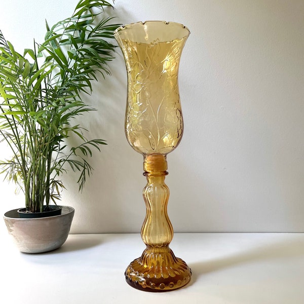 Vintage Yellow Amber Orvieto Footed Decanter, Hurricane Glass Candle Holder / Floral Sconce Peg Converter, Wine Carafe / Vintage Bar Decor