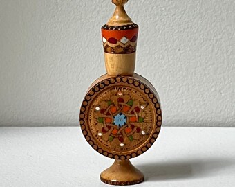 Vintage Small Etched Wooden Perfume Vial Holder, Bulgarian Muskal Rose Folk Art Vanity