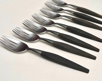 Vintage Set of 7 Forks Mid Century Modern Wood Handled Chadwick Flatware, Japan