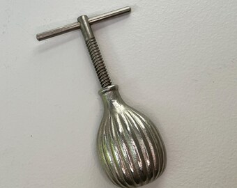 Vintage Ribbed Clamshell Manual Twist Screw-Press Nutcracker, Silver Metal, MCM Bar Decor