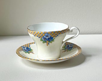 Aynsley Gilded Corset Teacup Saucer Set, Art Deco Blue Yellow Checkerboard Floral China