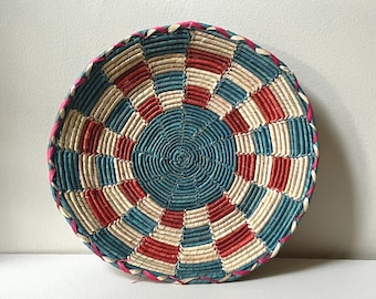 Vintage 12" Hand-Woven Coiled Wall Basket, Shallow Grass Bowl, Checkered Blue, White, Red, Pink