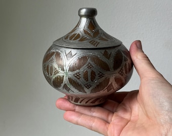 Vintage Lidded Silver Metal Trinket Jar, Geometric Etchings, Global Eclectic Rustic Apothecary Pot