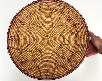 Vintage 16" Hand-Woven Coiled Grass Wall Basket, Mauve and Green Star Pattern Boho Decor
