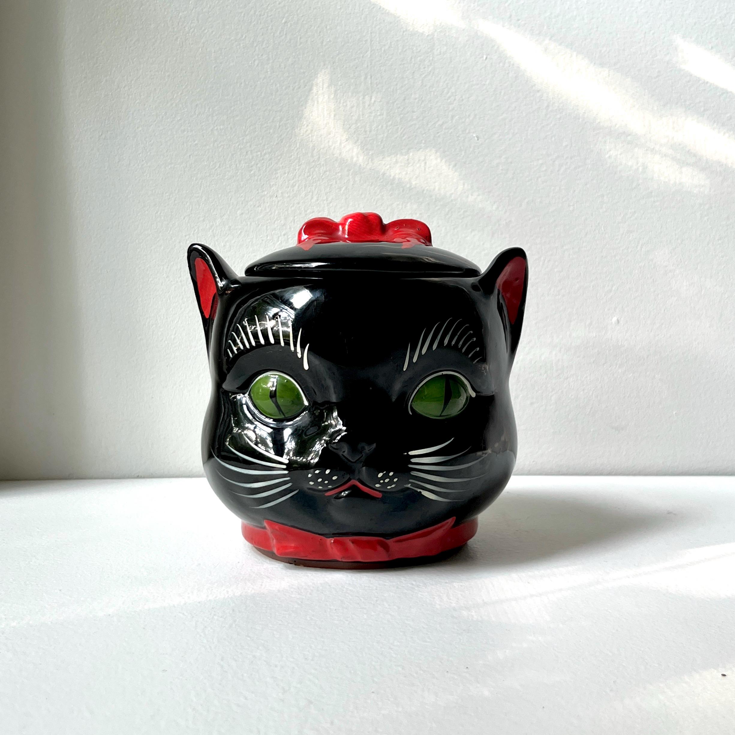 Vintage Shafford Ceramic Black Cat Cookie Jar, Redware Cat