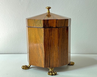 Vintage 8" Maitland Smith Decagon Asymmetrical Wood Canister Box Brass Claw Feet, Finial