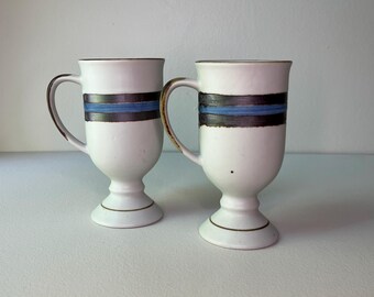 Vintage Set of 2 Otagiri Coffee Mugs, Horizon Pattern Footed Pedestal Blue Brown Stripe, Japan