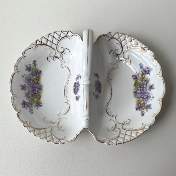 Large Gilded Porcelain Divided Serving Dish with Violet Flowers and Handle / Antique Ceramic Serving Platter, 2 Bowls