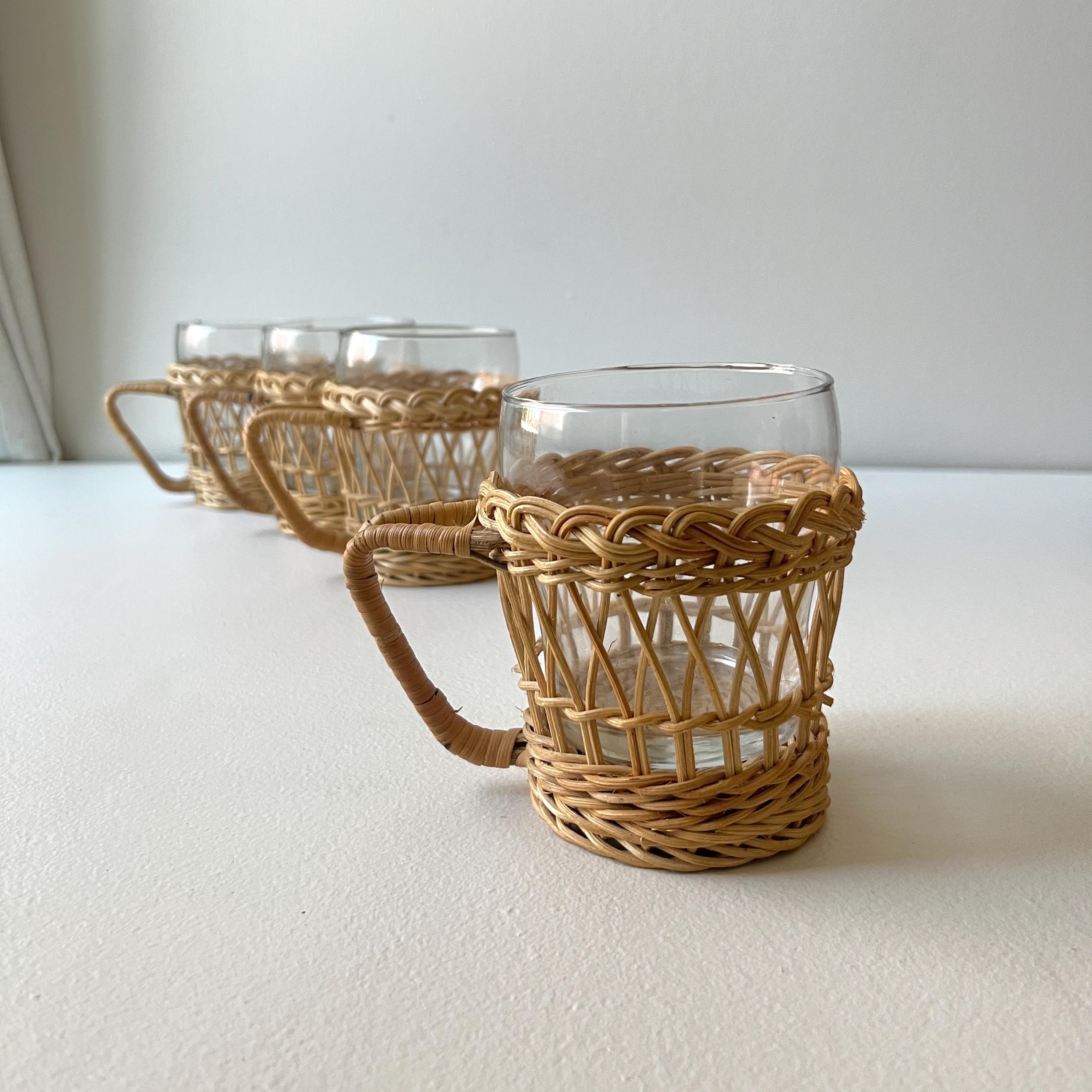 Basketweave Glasses - Etsy VINTAGE Set of 6 Drinking Goblets Basket Weave Wicker Glasses MCM display picture 1