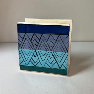 Vintage Ceramic Napkin Holder, Entryway Mail Organizer, Blue Green Geometric Pattern Handmade Pottery