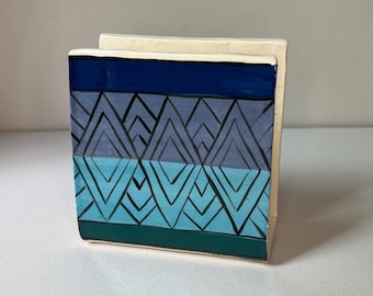 Vintage Ceramic Napkin Holder, Entryway Mail Organizer, Blue Green Geometric Pattern Handmade Pottery