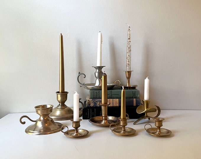 Vintage Chamberstick Candle Holders, Brass or Pewter Finger Loop