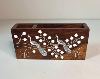 Vintage 6" Wooden Inlay Peacock Floral Pen Cup and Paper Holder, Desk Decor