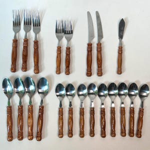 Vintage Flatware Set of 21 Unbranded Old Homestead Style Utensils, Spindled Faux Wood