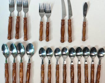 Vintage Flatware Set of 21 Unbranded Old Homestead Style Utensils, Spindled Faux Wood