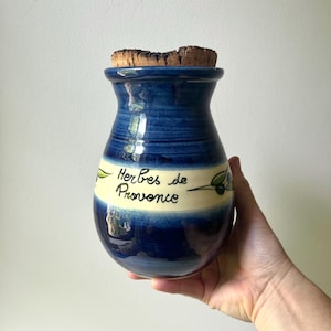 Vintage 48 oz Ceramic Spice Jar Herbes de Provence Label, 7&quot; Fait Main French Kitchen Canister with Cork Lid / Blue Apothecary Storage Jar