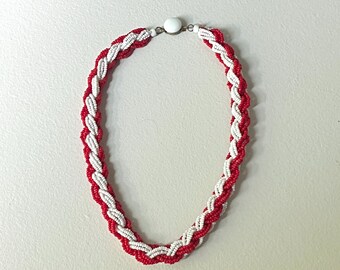 Vintage Mid Century Beaded Necklace White and Red, Glass Seed Beads Torsade Braided Rope